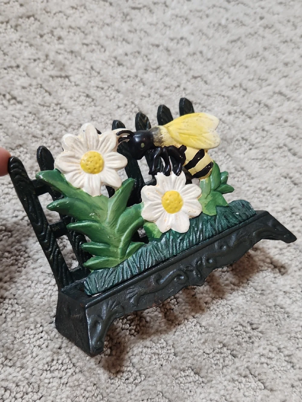 Cast Iron Bee on Daisy Fence Napkin Holder Letter Holder - Yellow, White, Green